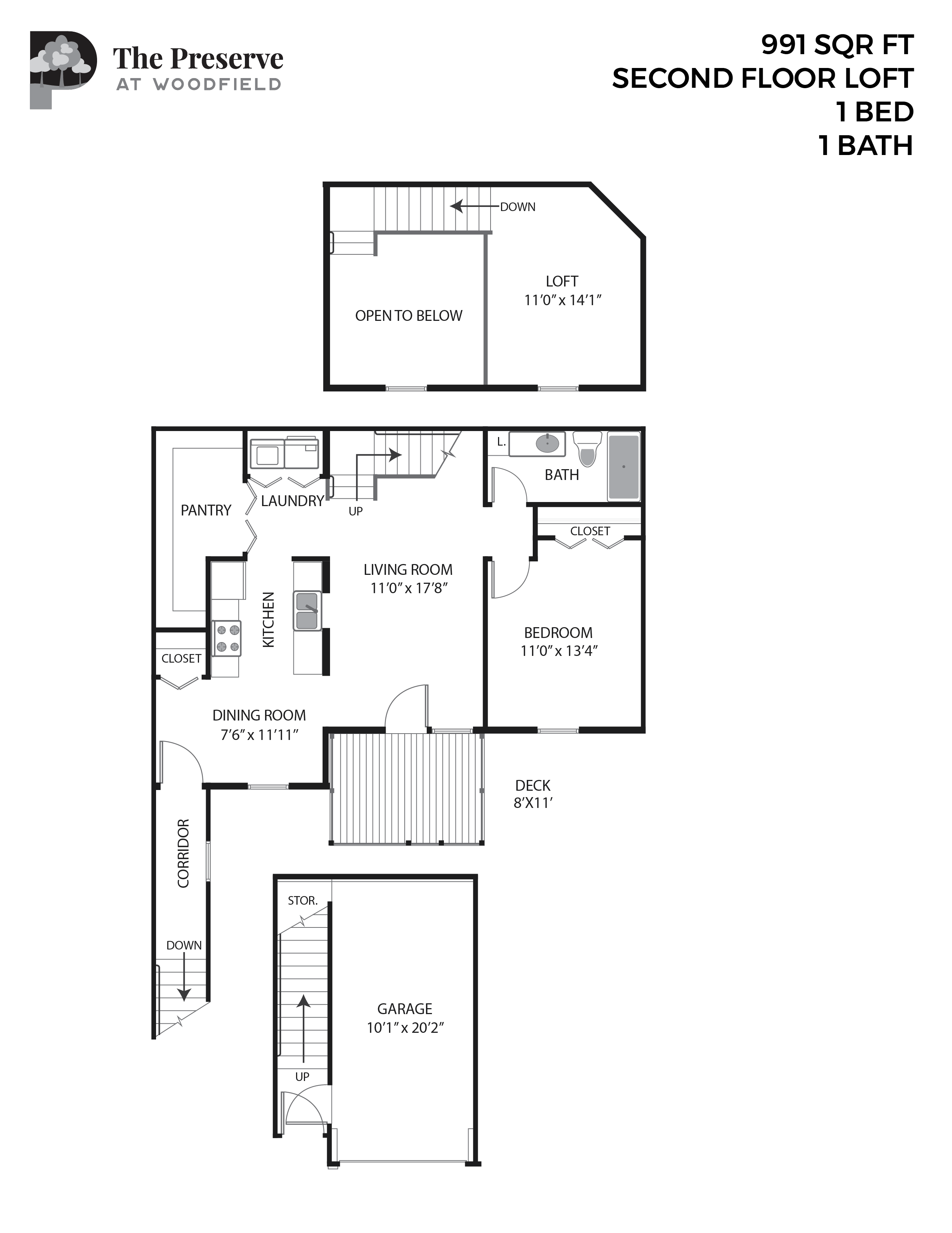 Floor plan for 1 bed, 1 bath, 991 sqft